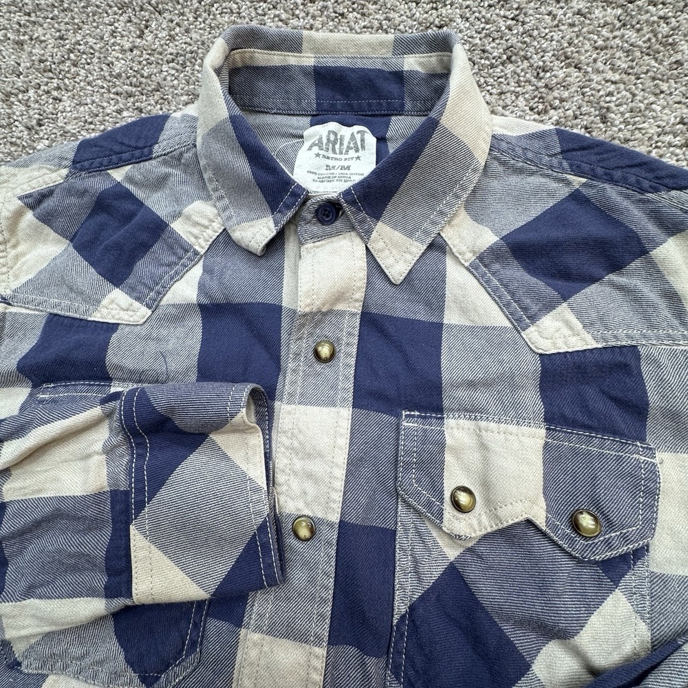 Ariat Retro Fit Shirt Mens Medium Pearl Snap Blue Plaid Long Sleeve Cotton